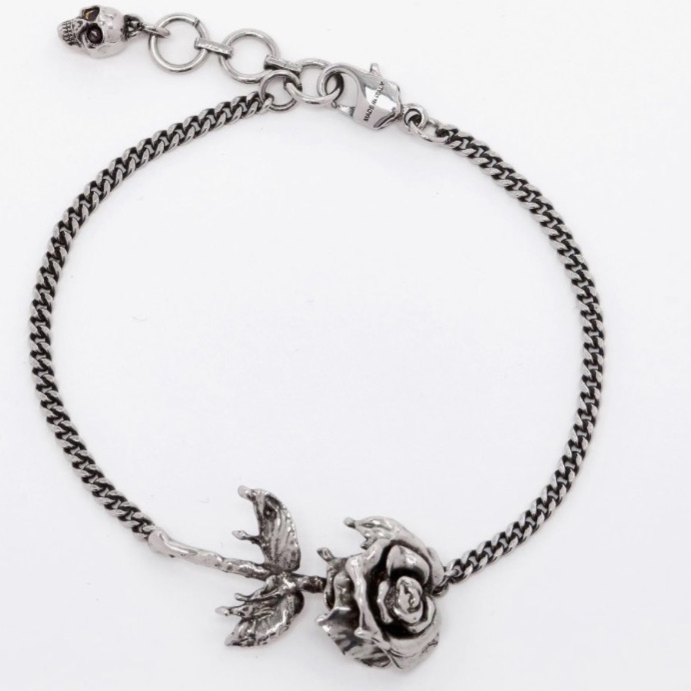 Alexander McQueen Dipped Silver Rose and Skull Chain Bracelet